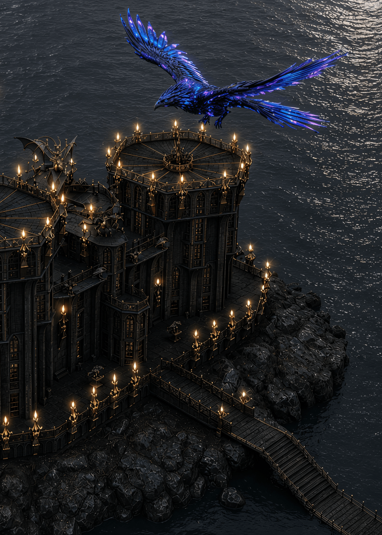 A blue bird flying over a dark fortress beside the water.