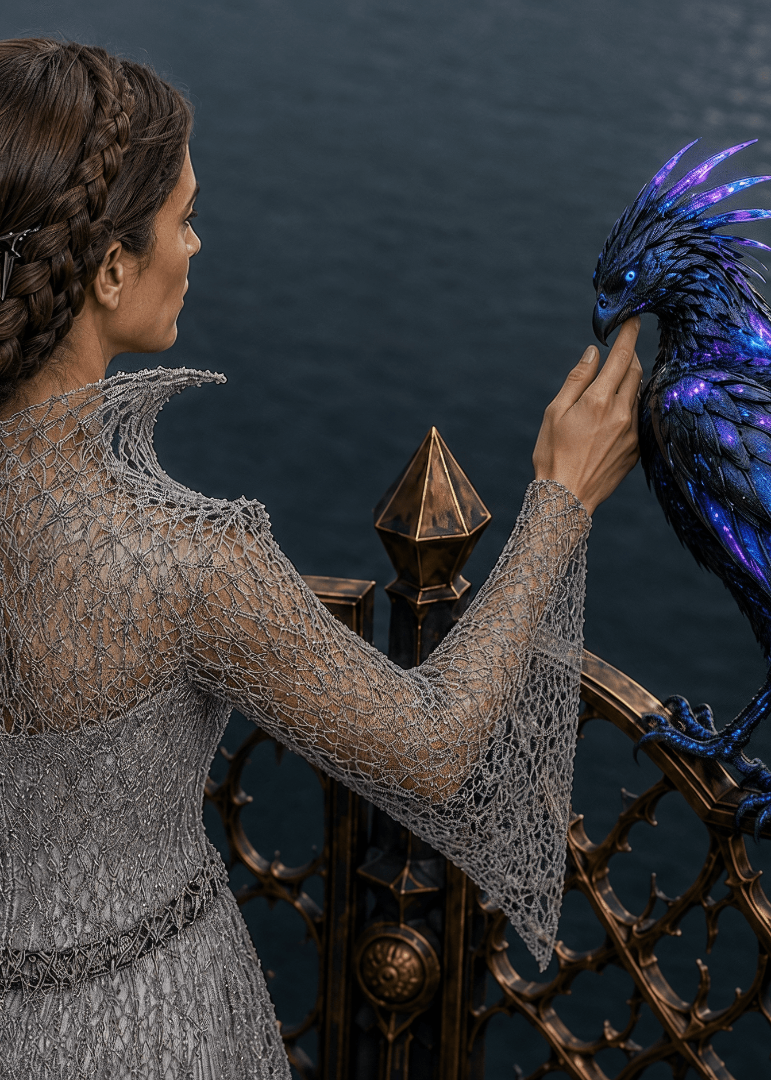 A woman touching a blue bird’s beak beside an ornate railing.