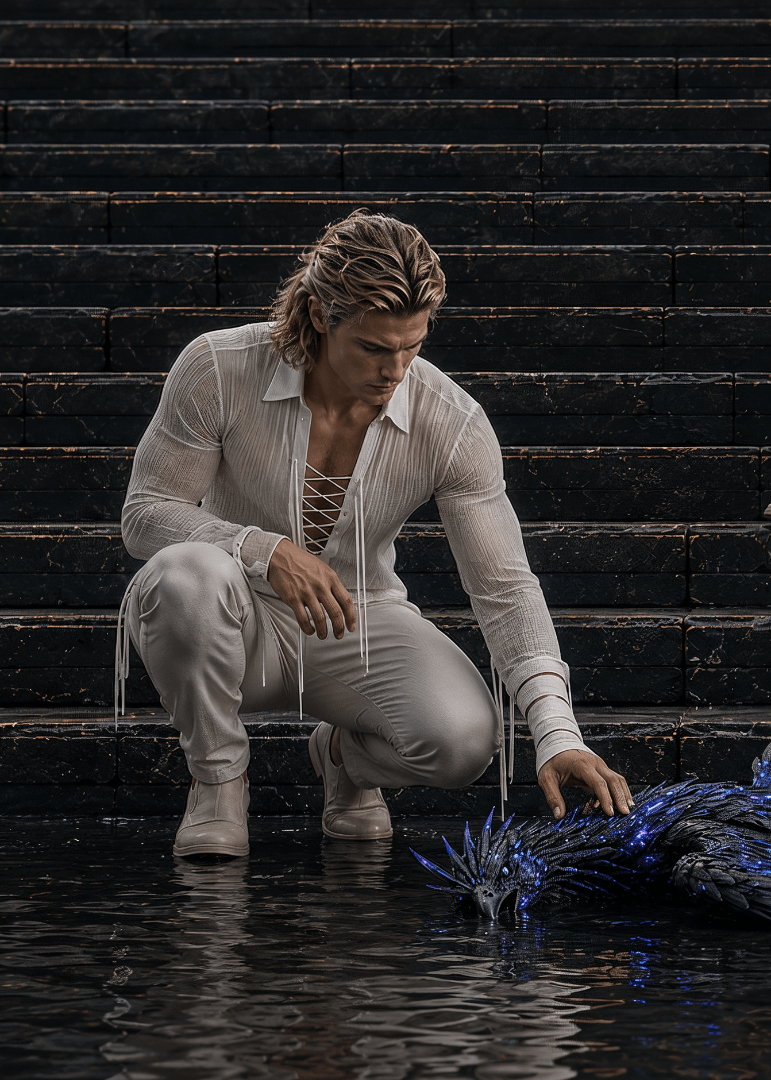 A man dressed in white beside a blue bird at the foot of the steps.