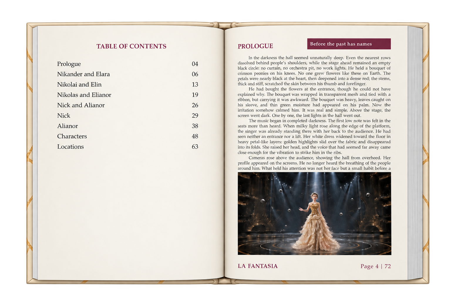 La Fantasia — spread mockup: contents and prologue in English